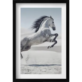 Obraz Nástěnný dekorativní obraz v rámu s grafikou Bílý cválající kůň 40x60 cm