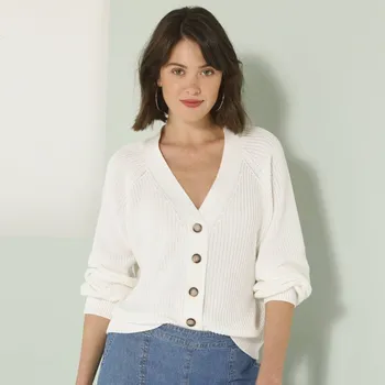 Dámský svetr Propínací svetr z úpletu s hladkým vzorem bílá 52