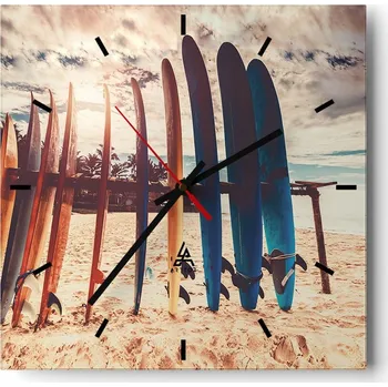 Hodiny Velké nástěnné hodiny na zeď 40x40 Surfing Skleněné hodiny Čtvercové Tiché