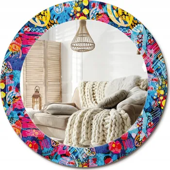 Zrcadlo Zrcadlo s ozdobným skleněným rámem, barevné čmáranice, průměr 60 cm