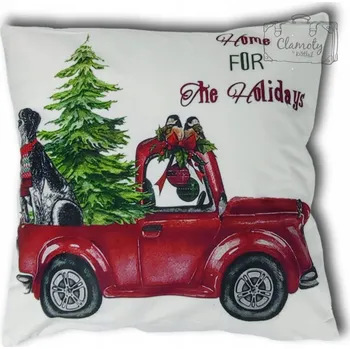 Povlak na dekorativní polštářek Vánoční Povlak Na Polštář Truck s vánočním stromkem a psem