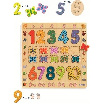 Dřevěná hračka Puzzle Dřevěné číslice a motýli na desce Djeco