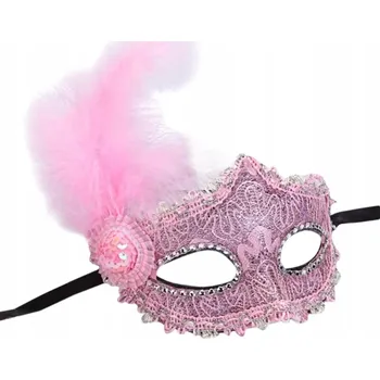 Karnevalová maska BENÁTSKÁ MASKA KARNEVALOVÁ S PEŘÍM NA OČI RŮŽOVÁ