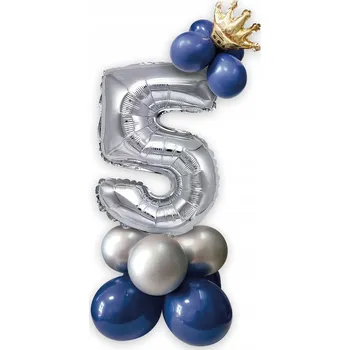 Balónek SADA BALÓNKŮ STŘÍBRNÝ BALÓN ČÍSLICE S KORUNKOU 5