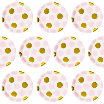 Talíř Papírové talířky 18cm POLKA DOT puntíky RŮŽOVÉ ZLATÉ 10 Ks