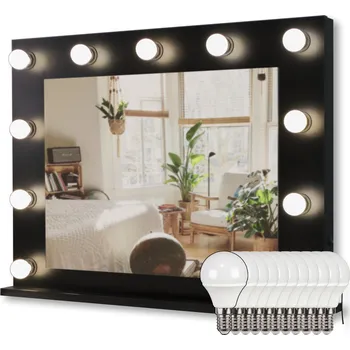 Zrcadlo Černé Stojací Zrcadlo na Make-up s LED osvětlením ve stylu Hollywood, 80x60 cm, Sada LED Žárovek