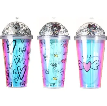 HRNEK SE SLÁMKOU A VÍČKEM MEDVÍDEK SRDÍČKA MULTIKOLOR 450 ML KONFETY 0565