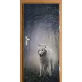 Fototapeta Fólie na dveře samolepka bílý vlk mlhavý les