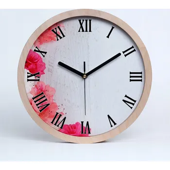 Hodiny Dřevěné nástěnné hodiny s římskými číslicemi a motivem květin, průměr 30 cm