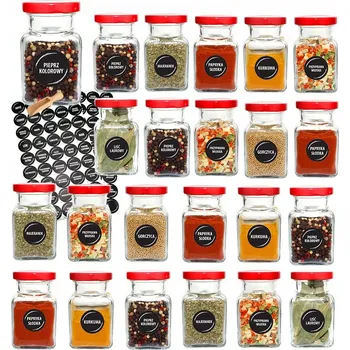 Sklenice Sklenice na koření 150 ml x 23 ks s červeným uzávěrem a 90 etiketami