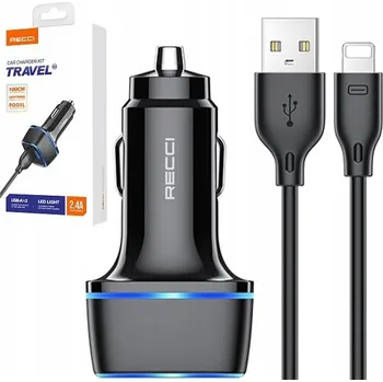 RYCHLÁ AUTOMOBILOVÁ NABÍJEČKA USB LED 2.4A + LIGHTNING KABEL PRO iPhone RECCI