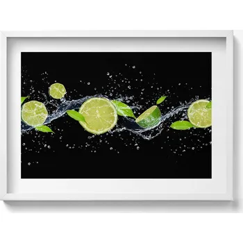 Obraz Nástěnný obraz v bílém rámu do obýváku kuchyně Limetky máta voda 70x50 cm
