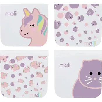 dětská jídelní sada MELII opakovatelně použitelné sáčky na svačinu 4 ks Kočka, Jednorožec