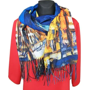 Šála Dámská šála 2v1 kočka / město (Oboustranný dámský šál s třásněmi)