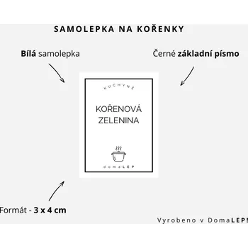 Samolepící etiketa KOŘENOVÁ ZELENINA - Samolepka na kořenky 3 x 4 cm - DomaLEP varianta: BÍLÁ - základní písmo