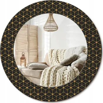 Zrcadlo Nástěnné zrcadlo s ozdobnou grafikou na skle, průměr 50 cm - Geometrický šestiúhelník