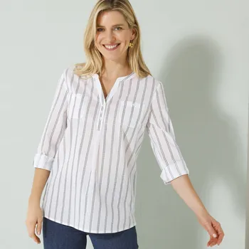 Proužkovaná tunika s tuniským výstřihem bílá/nám.modrá 46