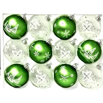 Vánoční ozdoba Irisa Zimní elegance: zelené a čiré skleněné koule 7 cm – sada 12 ks Velikost: 7 cm, Balení: 12ks, Barva: zelená;čirá