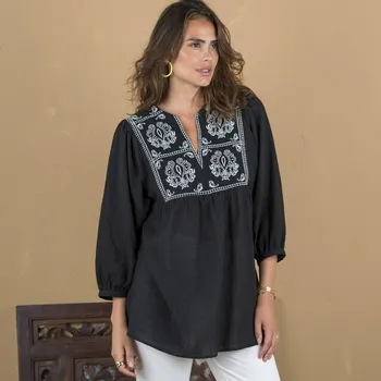 Dámské tričko Tunika s výšivkou a 7/8 rukávy černá/režná 42