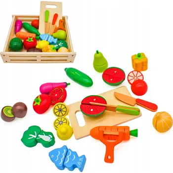 Dřevěná hračka DŘEVĚNÁ SADA ZELENINY OVOCE NA SALÁT VAŘENÍ A KRÁJENÍ NA HRANÍ