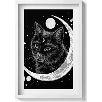 Obraz Dekorativní nástěnný obraz v bílém rámu Magická černá kočka a vesmír 40x60 cm