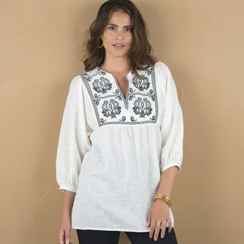 Dámské tričko Tunika s výšivkou a 7/8 rukávy režná/černá 42