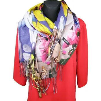 Šála Dámská šála 2v1 dva psi / bíložluté květy (Oboustranný dámský šál s třásněmi)