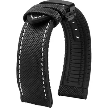 Řemínek na hodinky Řemínek gumový s černou motýlovou sponou - černý/bílé prošití - 21 mm + 5 let záruka a dárek ZDARMA