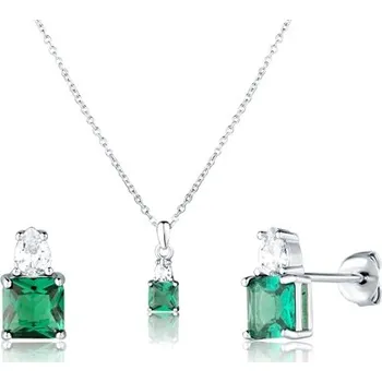 Souprava šperků Stříbrná souprava náušnic a náhrdelníku se zelenými a čirými zirkony STRS0415F