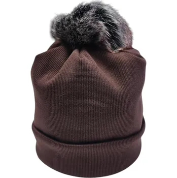 Čepice Ebbie Dámská čepice s bambulí - HNĚDÁ - ŽEBROVANÁ Velikost: 54