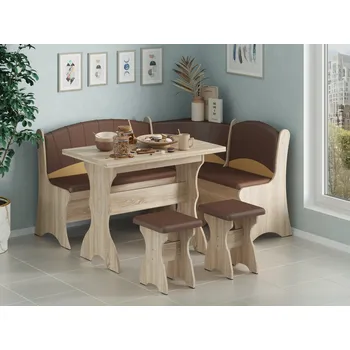 Jídelní set VOMAKS Rohová lavice KAPITAN Barva: ořech - světlý, Materiál: koženka - šedá + bílá