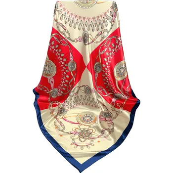 Šátek Classic Scarf Červený, béžový, růžový a modrý viskózový šátek na krk s ornamenty, růžice 90 cm čtvercový