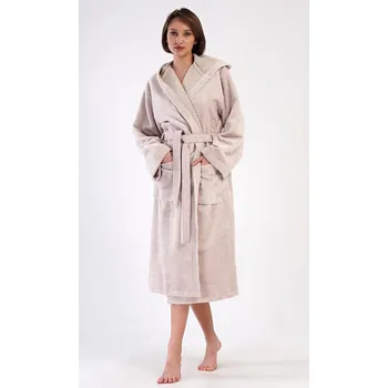 Dámský župan Dámský dlouhý froté župan s kapucí MONA béžová M - vyrobeno v EU