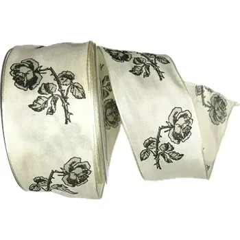 Stuha Stuha smuteční saténová BLACK ROSES CREME 60mm x 20m (9,50Kč/m) (Stuha smuteční saténová, Černá růže, barva krémová, černý potisk, s drátkem v lemu)