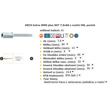 Kotva SCH HECO kotva MMS plus SKT s maticí, pozink Varianta: HECO kotva MMS plus SKT 7,5x60 s maticí M8, pozink