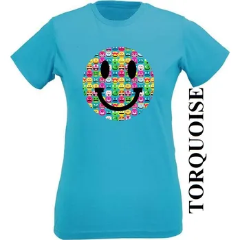 Dámské tričko levne damske tricko se smajlikem Barva: Turquoise - tyrkysová, Výstřih: Kulatý výstřih kolem krku, EU dámská velikost: eu 32/34 (dívčí prodloužená 116) viz tabulka velikostí