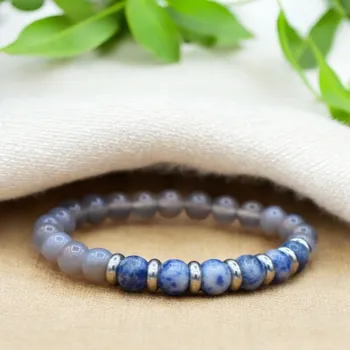 Náramek MkD Náramek z minerálů PANNA - modrý jaspis, šedý achát, chirurgická ocel, unisex