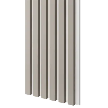 Obklad Lamele 3D Dřevěné lamely ÚZKÉ na BÍLÉ desce (MDF), PÍSKOVÁ BÉŽOVÁ, FINISH FOLIE, 24 x 300 x 2750 mm (0,825 m2)