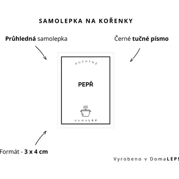 Samolepící etiketa PEPŘ - Samolepka na kořenky 3 x 4 cm - DomaLEP varianta: PRŮHLEDNÁ - tučné písmo