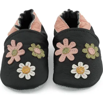 Capáčky CAROZOO Kožené capáčky s koženou podrážkou černé s květinami 3-4 roky Černá 26,5