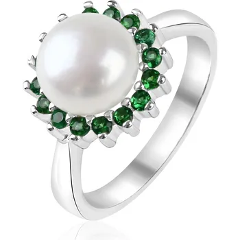 Prsten Stříbrný prsten s říční perlou a zelenými zirkony - Meucci SP110R Velikost: 52