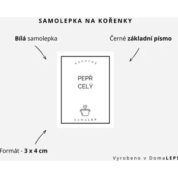 Samolepící etiketa PEPŘ CELÝ - Samolepka na kořenky 3 x 4 cm - DomaLEP varianta: BÍLÁ - základní písmo