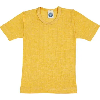 Dětské triko s krátkým rukávem z merino vlny, bavlny a hedvábí žlutý melír Cosilana Velikost: 128