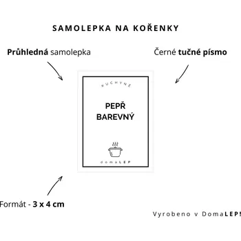 Samolepící etiketa PEPŘ BAREVNÝ - Samolepka na kořenky 3 x 4 cm - DomaLEP varianta: PRŮHLEDNÁ - tučné písmo