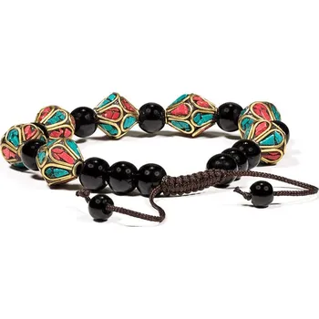 Náramek Milujeme Kameny Tyrkys, korál a černý achát - náramek kulička se shamballa zapínánám 44894