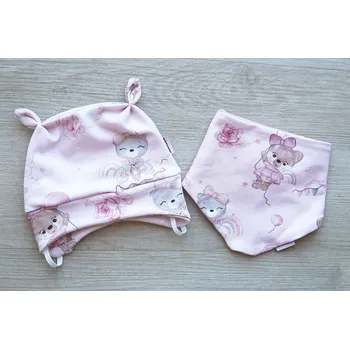 Kojenecká čepice AMÁLKA Elastická čepička teplákovina + šátek na krk, medvědí holčička Velikost: 74-80