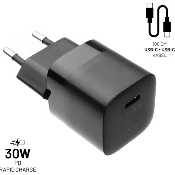 Datový kabel Set síťové nabíječky FIXED Mini, USB-C výstup, USB-C/USB-C kabel, podpora PD, 1 metr, 30W, černá