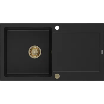 Kuchyňský dřez MEXEN/S - Leo granitový dřez 1-miska s odkapávačem 900 x 500 mm, černý, zlatý sifon 6501901010-77-G