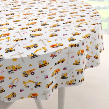 ubrus Dětský bavlněný kulatý ubrus Sandra SA-081 Nákladní auta a bagry na bílém Ø 100 cm