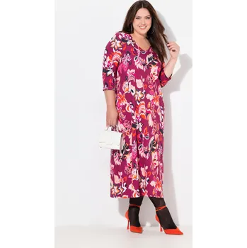 Dámské šaty Ulla Popken, Plus size Žerzejové šaty, květy, A střih, výstřih do V, 3/4 rukávy pro plnoštíhlé nadměrná velikost, 836958825-1131, nachový, 54/56, Nadměrné velikosti, Plus size oblečení, Oblečení pro boubelky, Oblečení pro baculky, Oblečení pro plnoštíhlé,